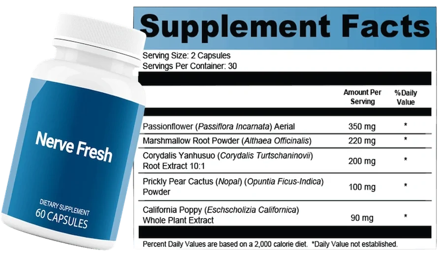 Nerve Fresh Supplement Facts — Passionflower 350mg, Marshmallow Root 220mg, Corydalis 200mg, Prickly Pear 100mg, California Poppy 90mg